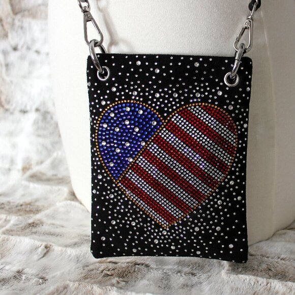 Patriotic Red White Blue Rhinestone Bling Black Hobo Crossbody Mini Phone Bag - Picture 4 of 13